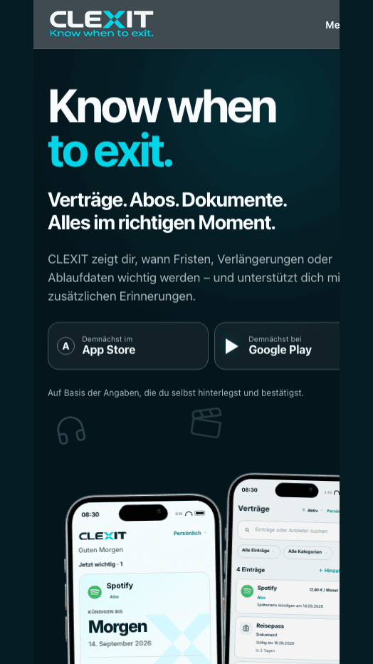 CLEXIT Website & App Mobile Ansicht 1