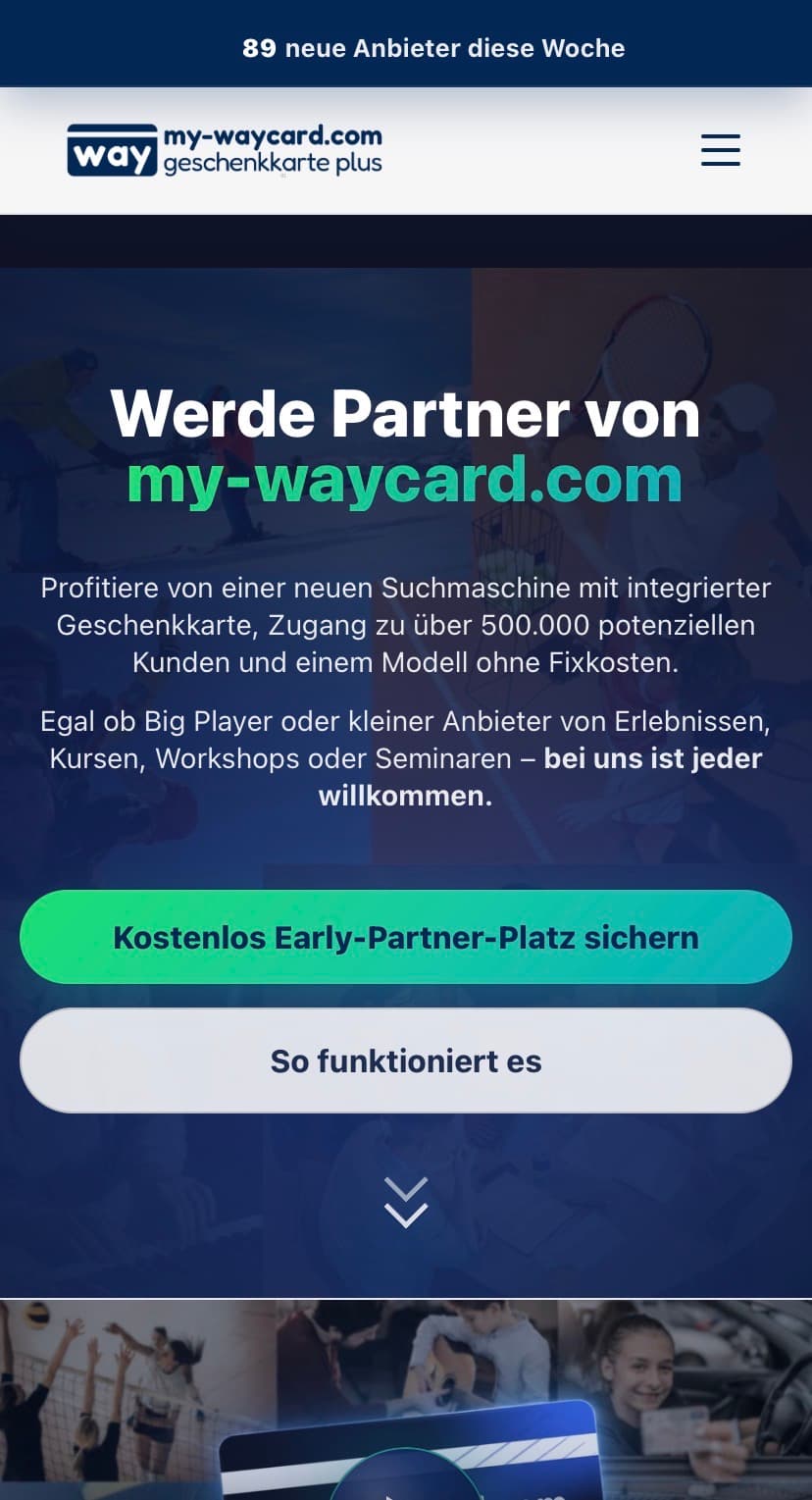 Anbieter-Akquise-Landingpage für my-waycard Mobile Ansicht 1