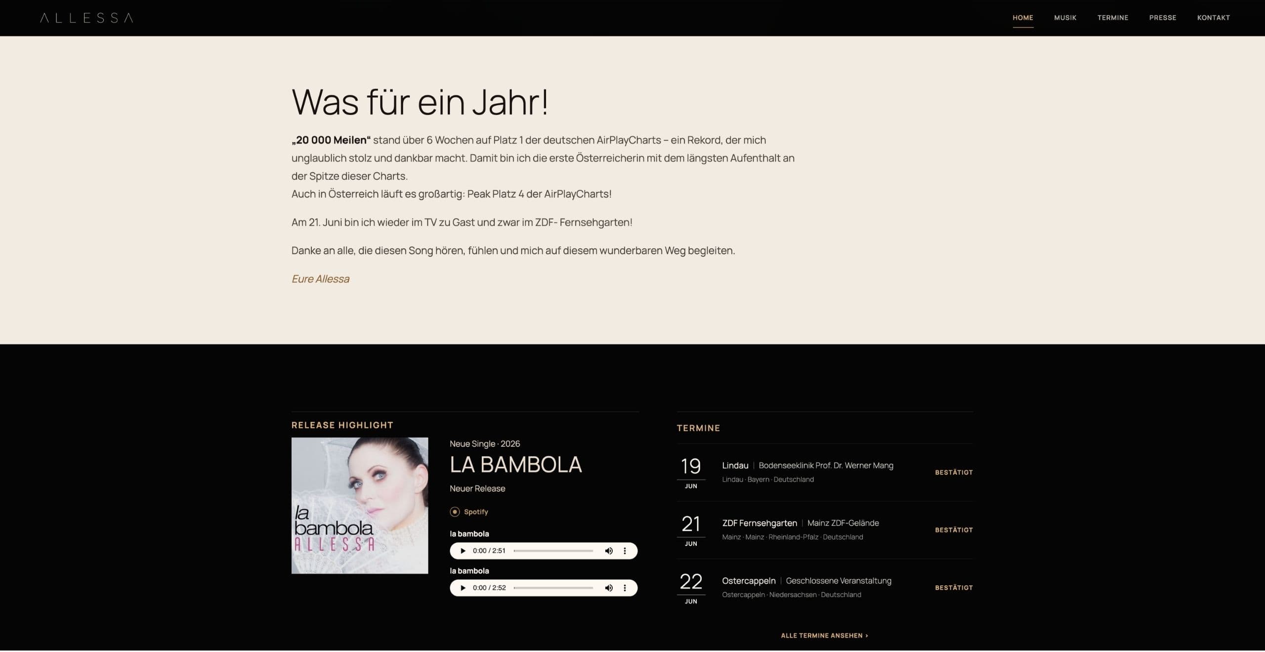 Artist Website für Allessa Desktop Ansicht 2