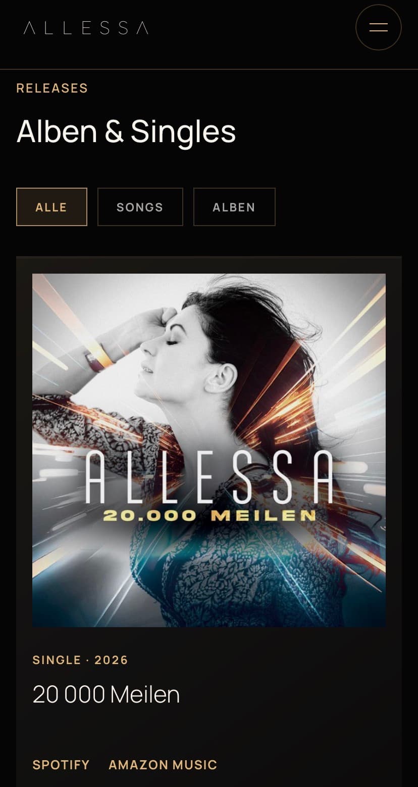 Artist Website für Allessa Mobile Ansicht 1